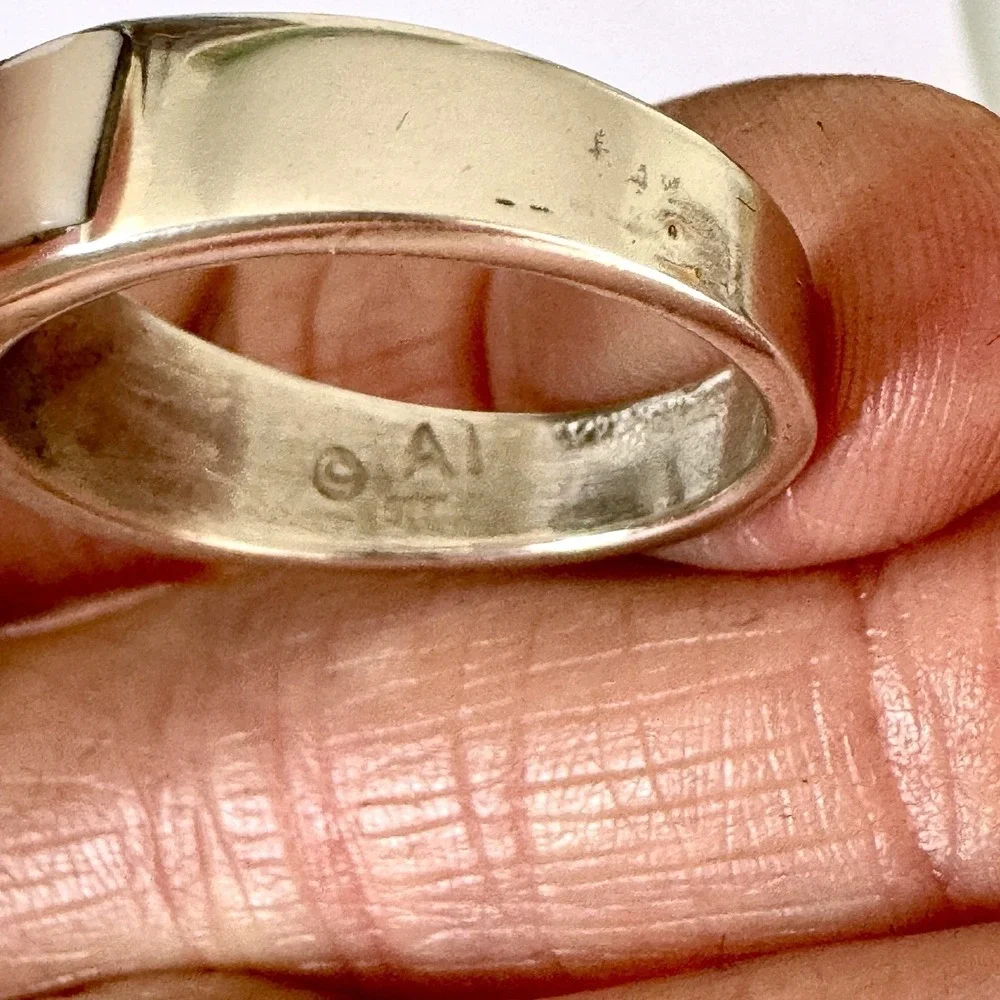 Navajo Inlay Wedding Band Ring‎ Sz 13 Opal White Buffalo 9mm Mens Signed AT